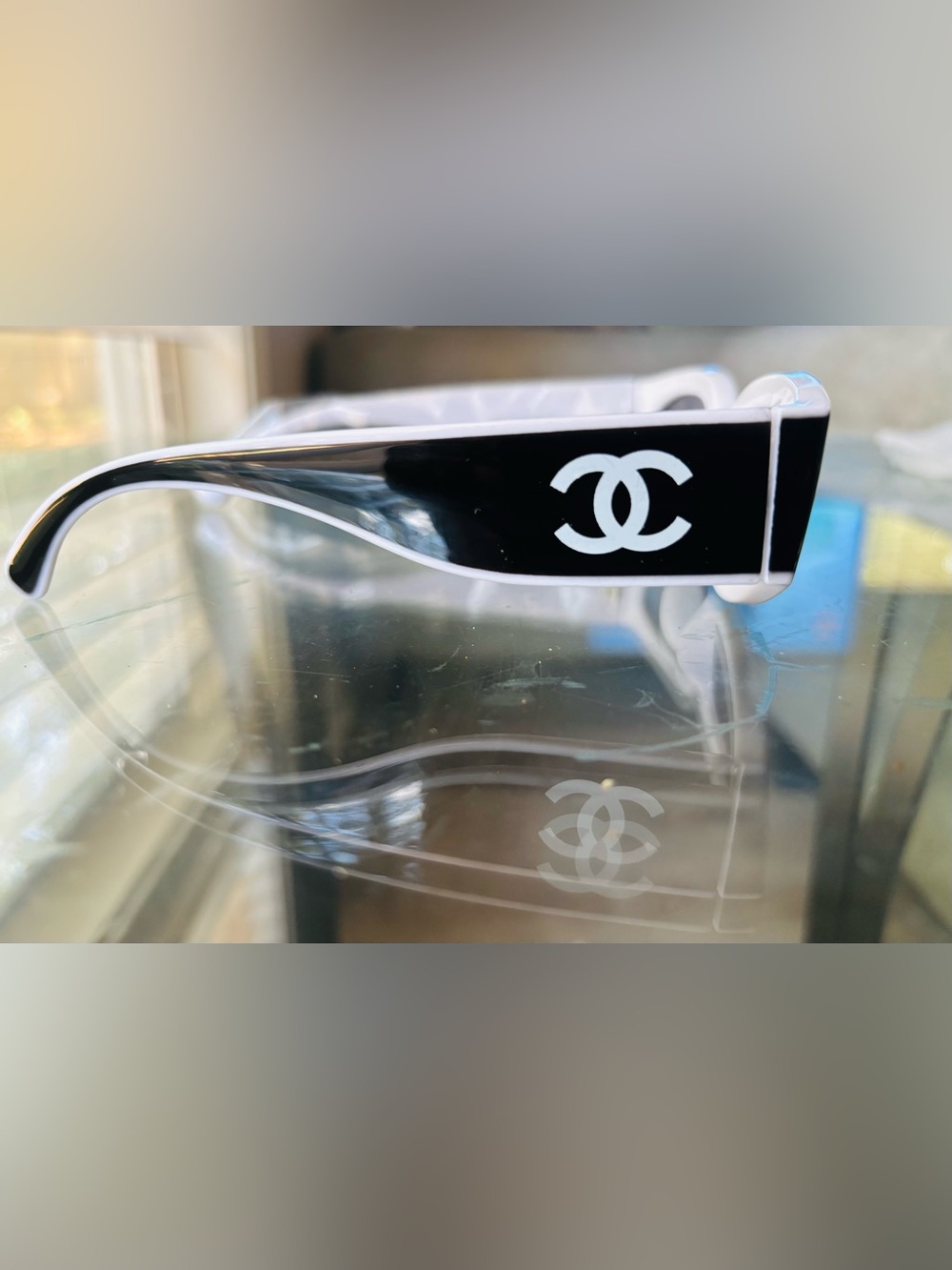 CHANEL Black and White CC Logo Sunglasses Temple